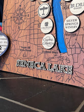 Load image into Gallery viewer, Laser-engraved winery names and locations on cherry wood Seneca Lake map by Victor Wood Forge