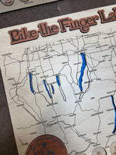 Load image into Gallery viewer, Wood engraved Finger Lakes cycling challenge map, made in USA