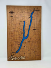 Load image into Gallery viewer, Frameless two-layer wood finger lakes map with maple name tag, made in Finger Lakes NY