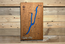 Load image into Gallery viewer, Handcrafted cherry wood bathymetric map of Keuka Lake with laser-engraved depth contour