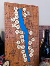 Load image into Gallery viewer, Handcrafted cherry wood Seneca Lake winery map displayed on a rustic cabin wall
