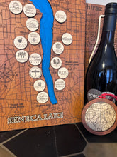 Load image into Gallery viewer, Laser-engraved winery names and locations on cherry wood Seneca Lake map by Victor Wood Forge
