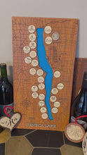 Load and play video in Gallery viewer, Seneca Lake winery map gift-ready — cherry wood wall art for Finger Lakes wine lovers
